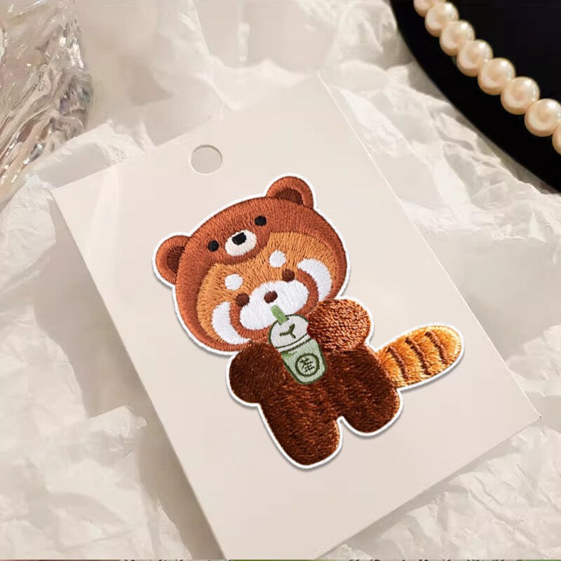 Red Panda with Boba Tea Embroidered Patches - Multiple Designs Available - CheerCove