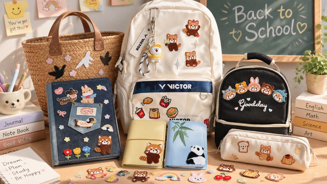 Back to school supplies decorated with cute CheerCove patches