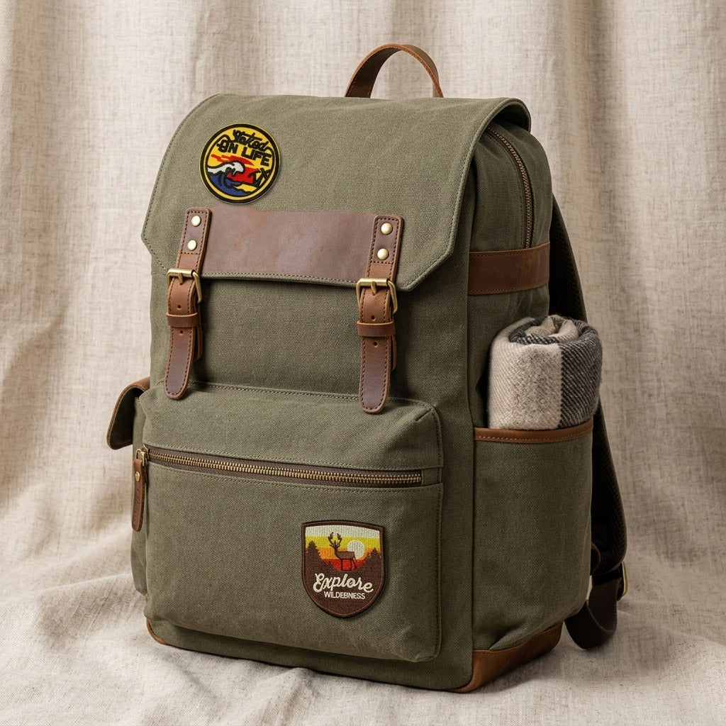 outdoor embroidered stick-on patches on a vintage canvas backpack with leather straps