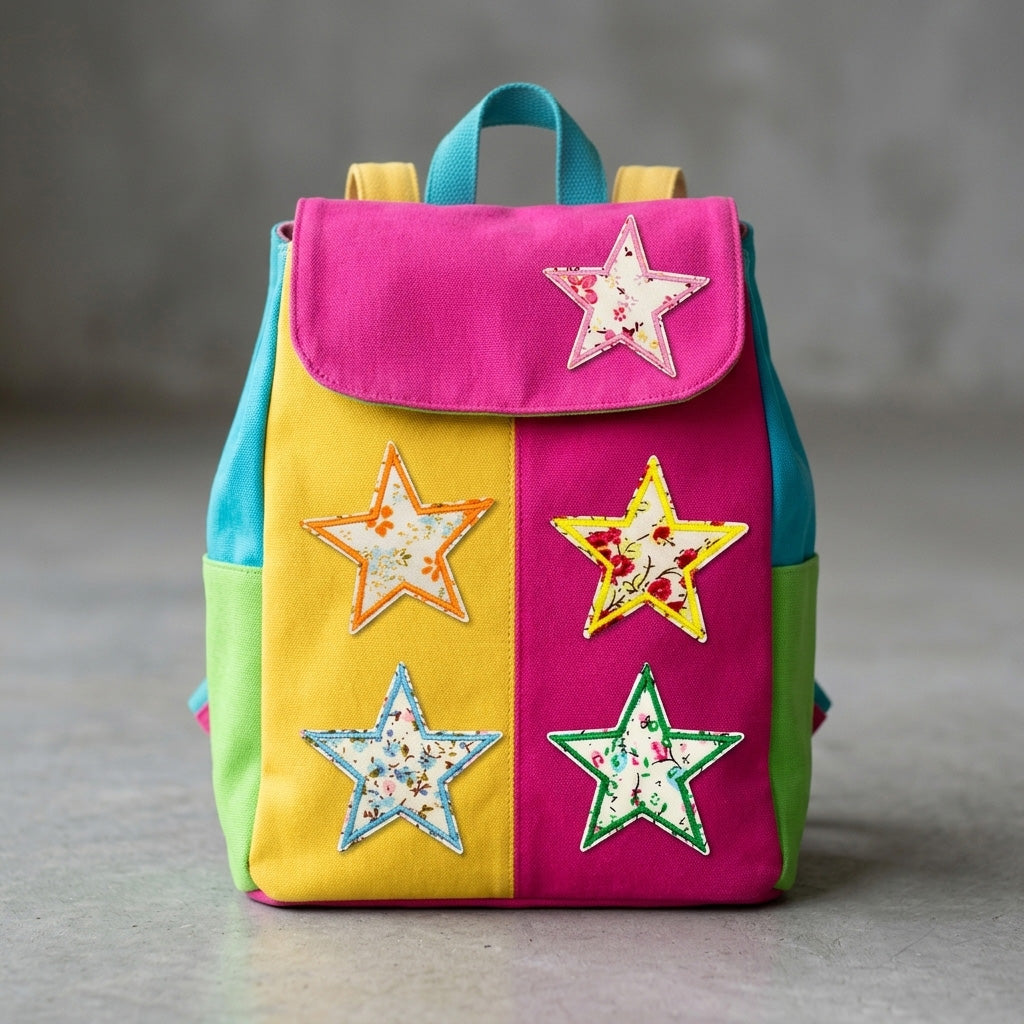 vintage ditsy floral star embroidered patches on colorful canvas backpack