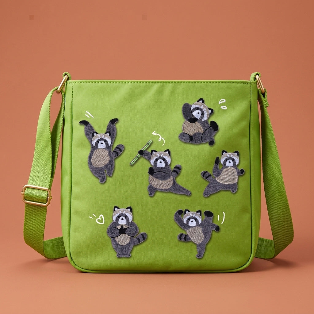 kung fu raccoon embroidered stick-on patches covering a green nylon crossbody bag