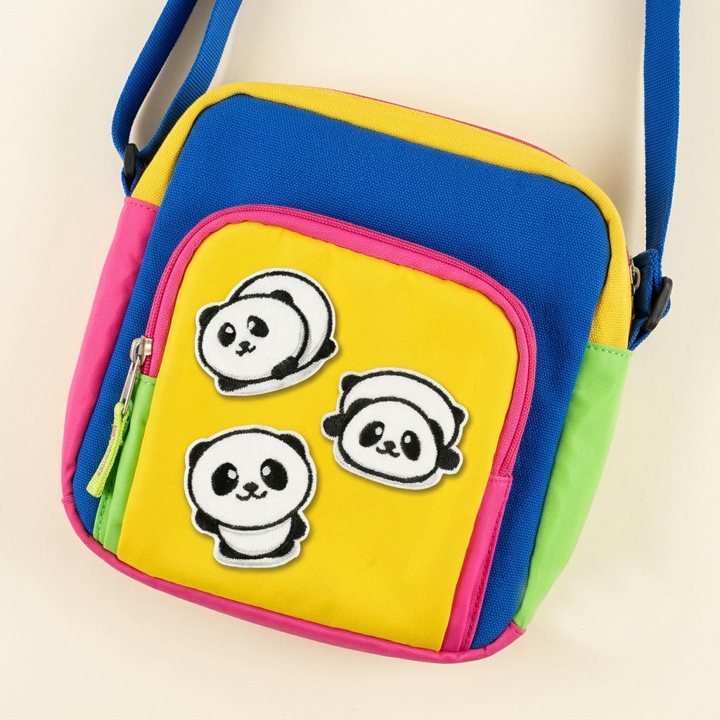 chubby panda embroidered stick-on patches on crossbody bag