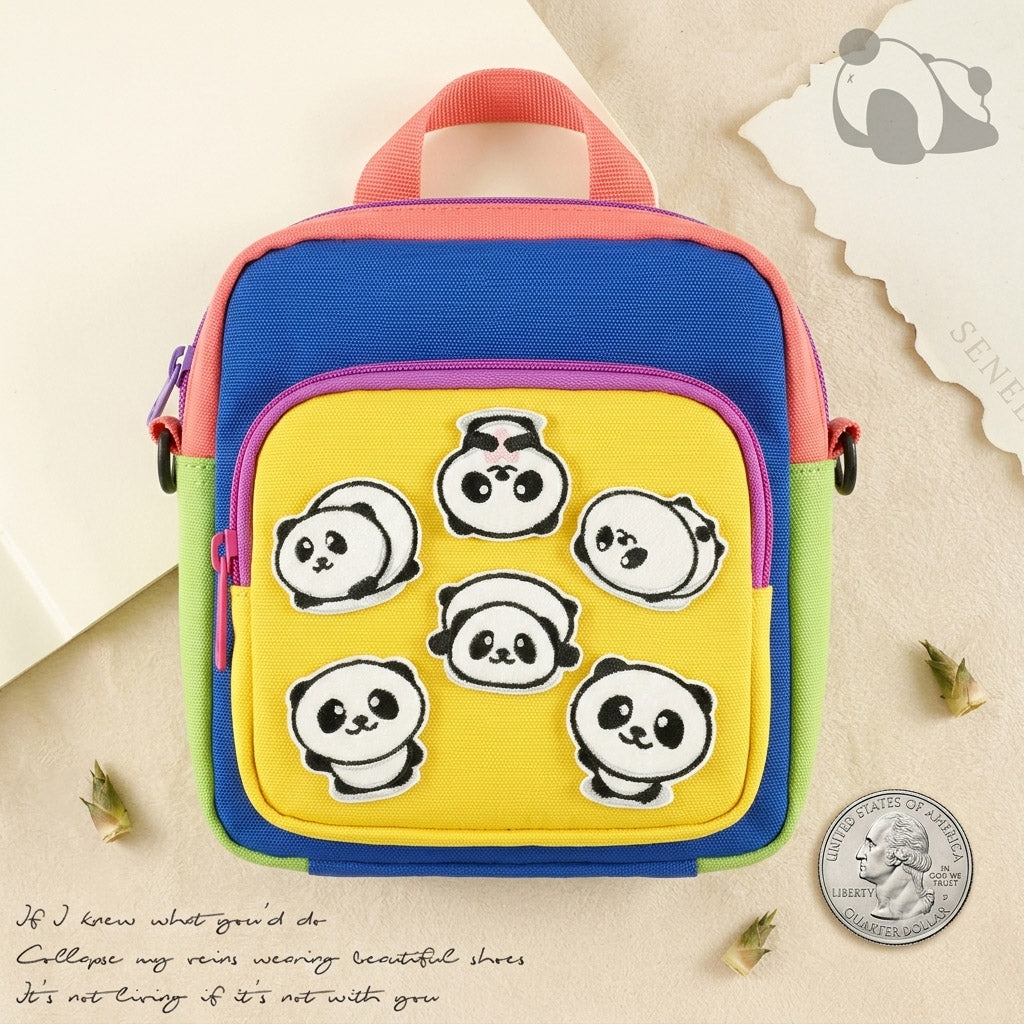 chubby panda embroidered stick-on patches on backpack