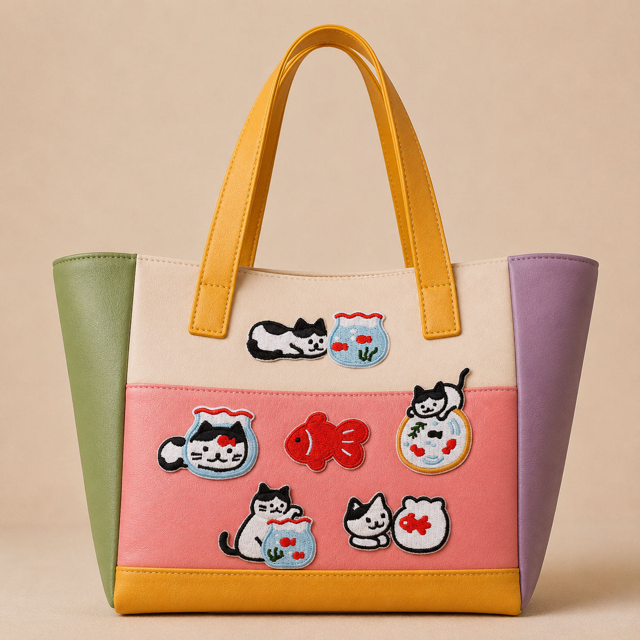 black and white cat with goldfish bowl stick-on patches decorating a colorful color-block leather handbag