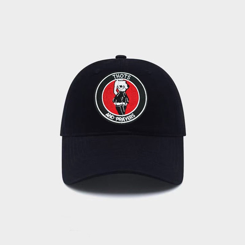 thots and prayers embroidered stick-on patch on baseball cap