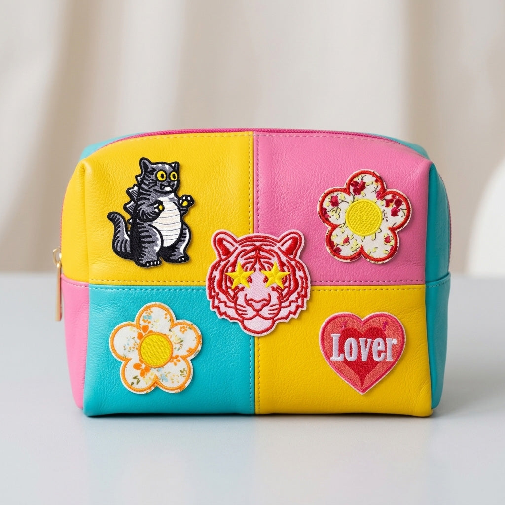 embroidered stick-on patches on a colorful color-block makeup pouch