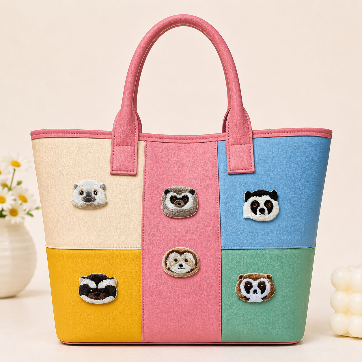 panda hedgehog and raccoon face stick-on patches decorating a pink color-block leather handbag