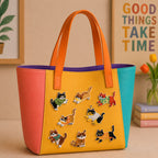 cats wearing colorful sweaters in various poses stick-on patches decorating an orange and yellow color-block leather handbag