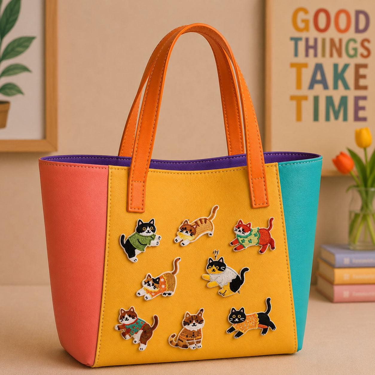 cats wearing colorful sweaters in various poses stick-on patches decorating an orange and yellow color-block leather handbag