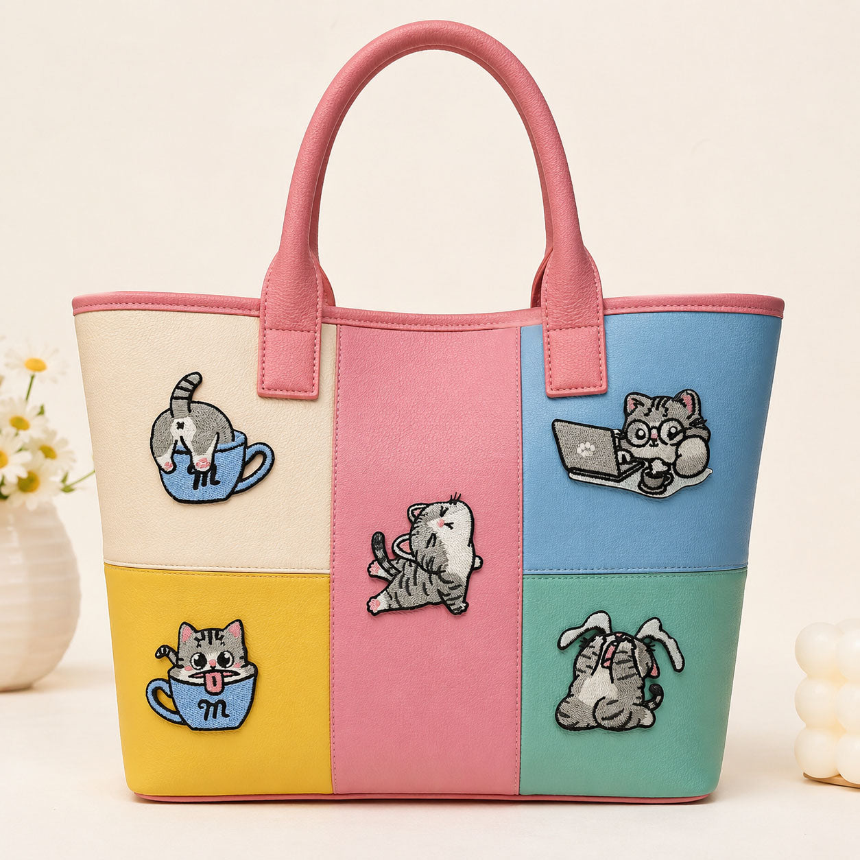 tabby cat in teacup and laptop stick-on patches decorating a pink color-block leather handbag