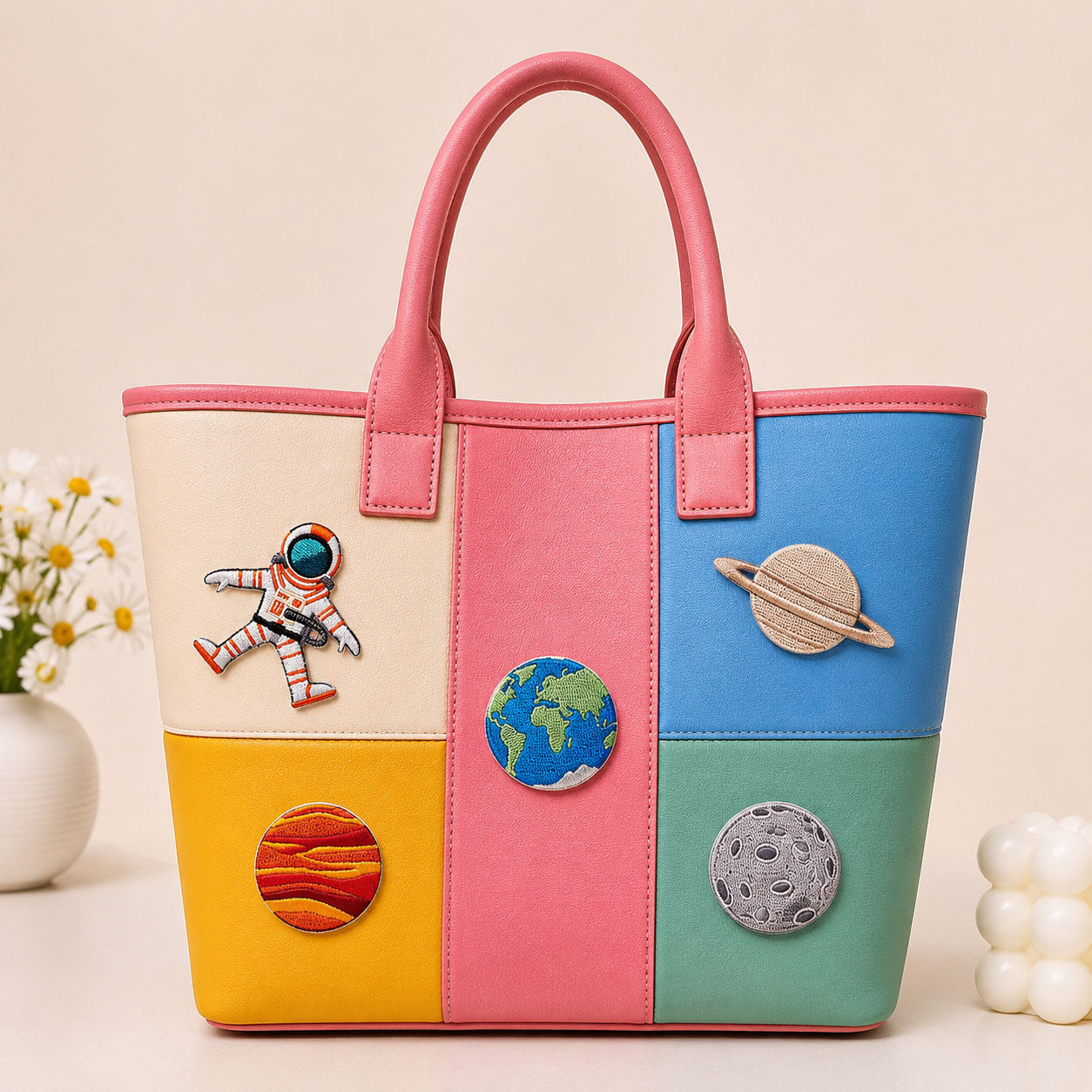 celestial outer space embroidered stick-on patch on tote bag