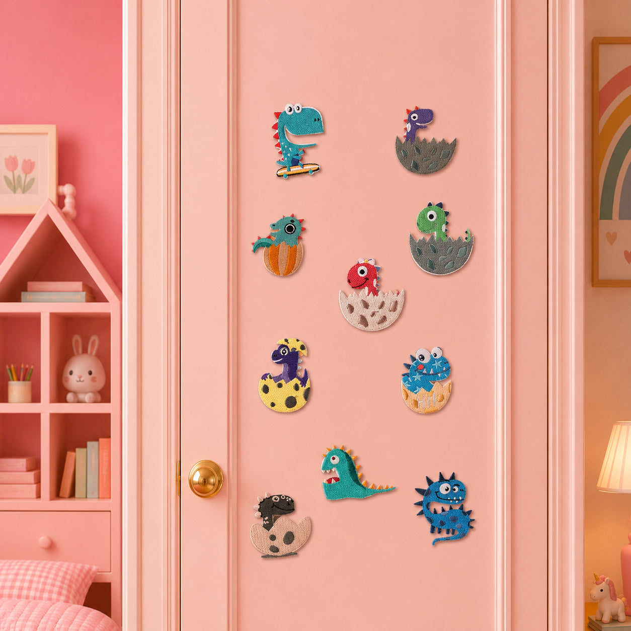 cartoon dinosaur embroidered patches displayed on door