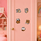 shiba inu in gray box panda in tea bag xx-eyed cat oo-face box and angry white cat in my box stick-on patches on a pink door in a girls room