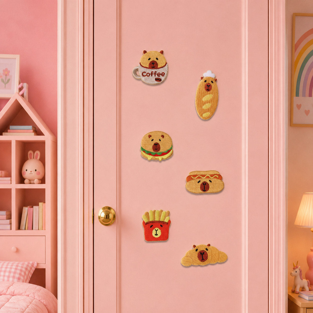 kawaii capybara face peeking from coffee cup burger baguette hot dog french fries and croissant stick-on patches on a pink closet door in a girls room