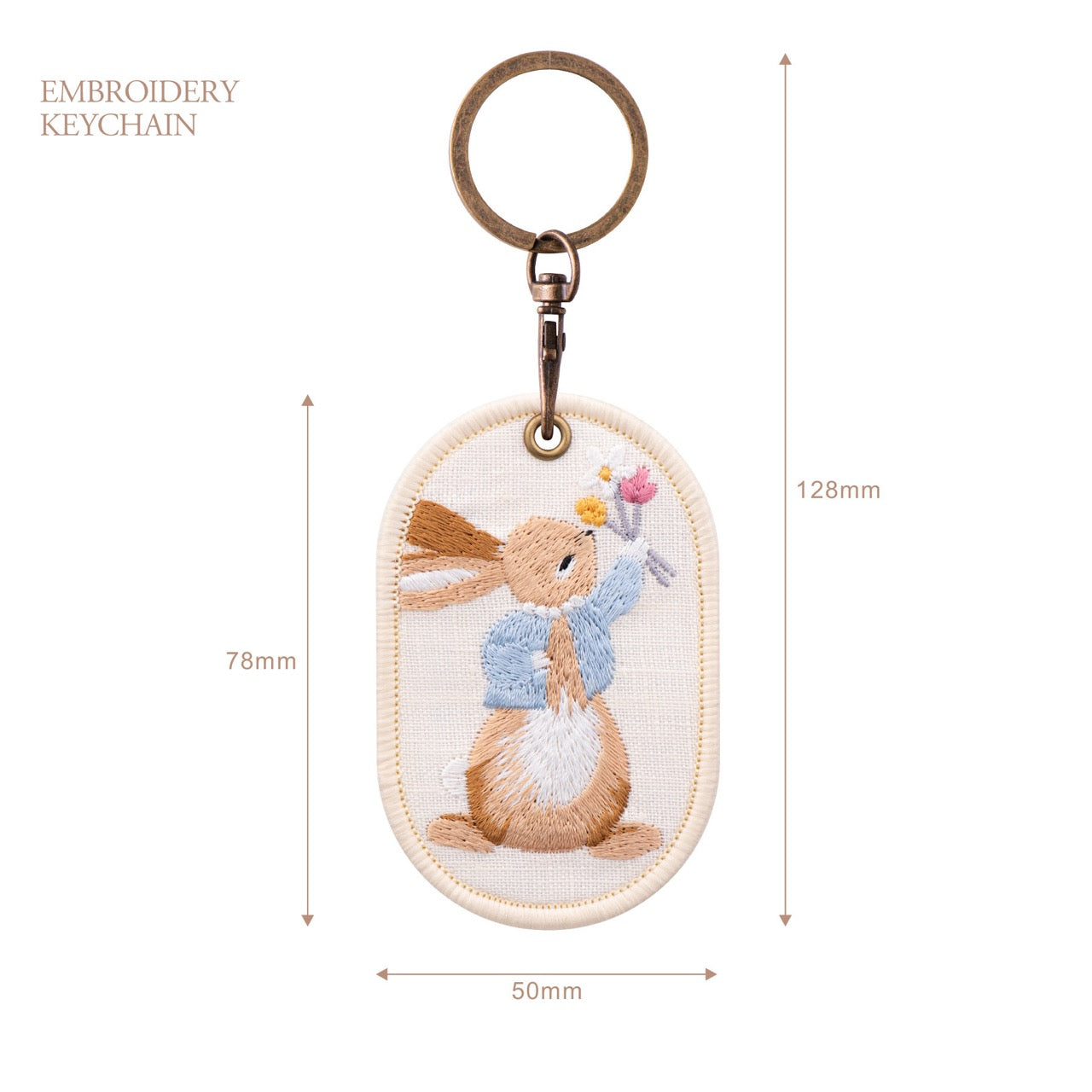 vintage storybook bunny embroidered keychain charm size chart 50x78mm