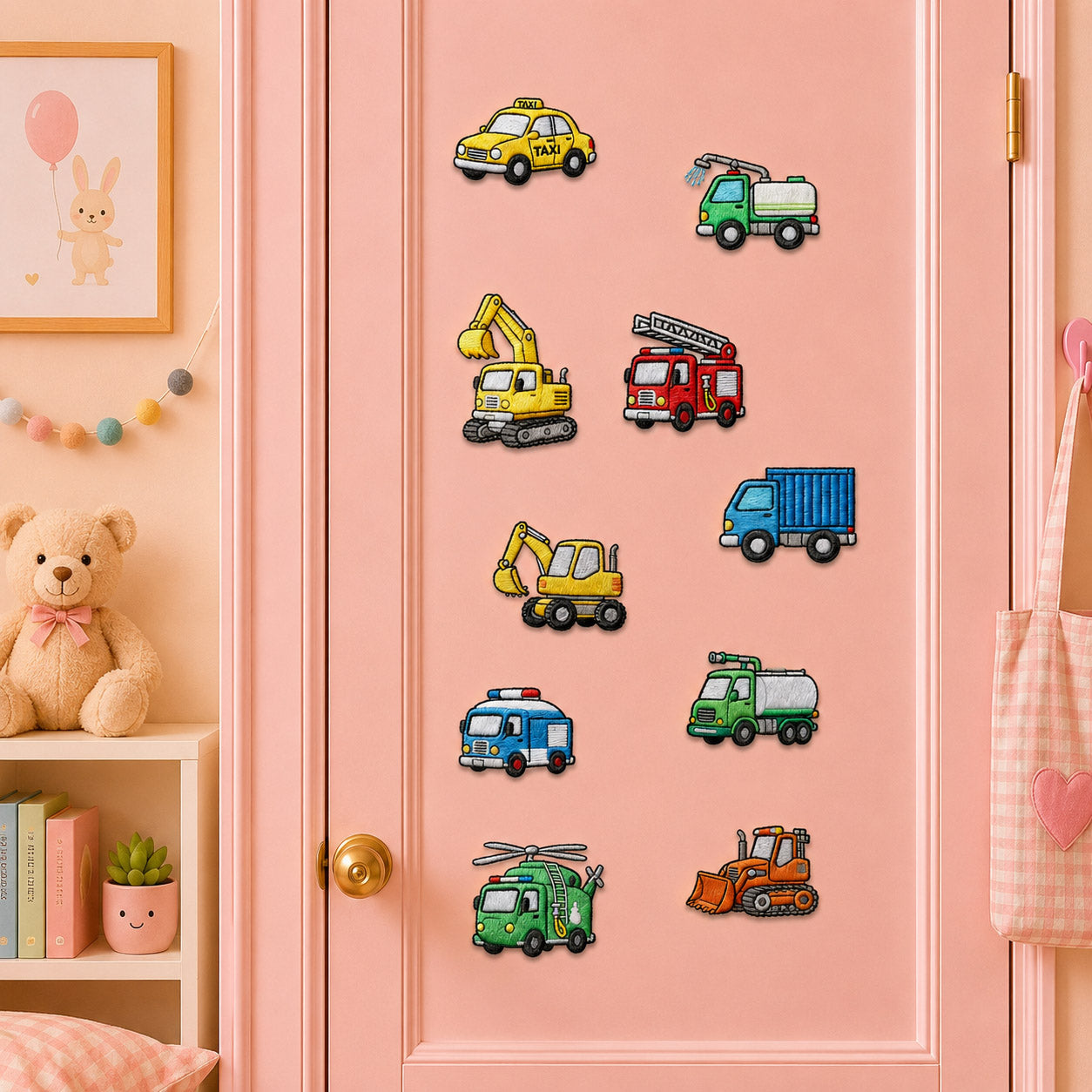 yellow taxi green water truck excavator red fire engine blue cargo truck police van oil tanker helicopter van and orange bulldozer stick-on patches on a pink door in a pastel room