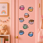 cute cats in pastel teacups showing sorry happy please yes no excited sad and ok moods with matching expressions stick-on patches on a pink door in a pastel room
