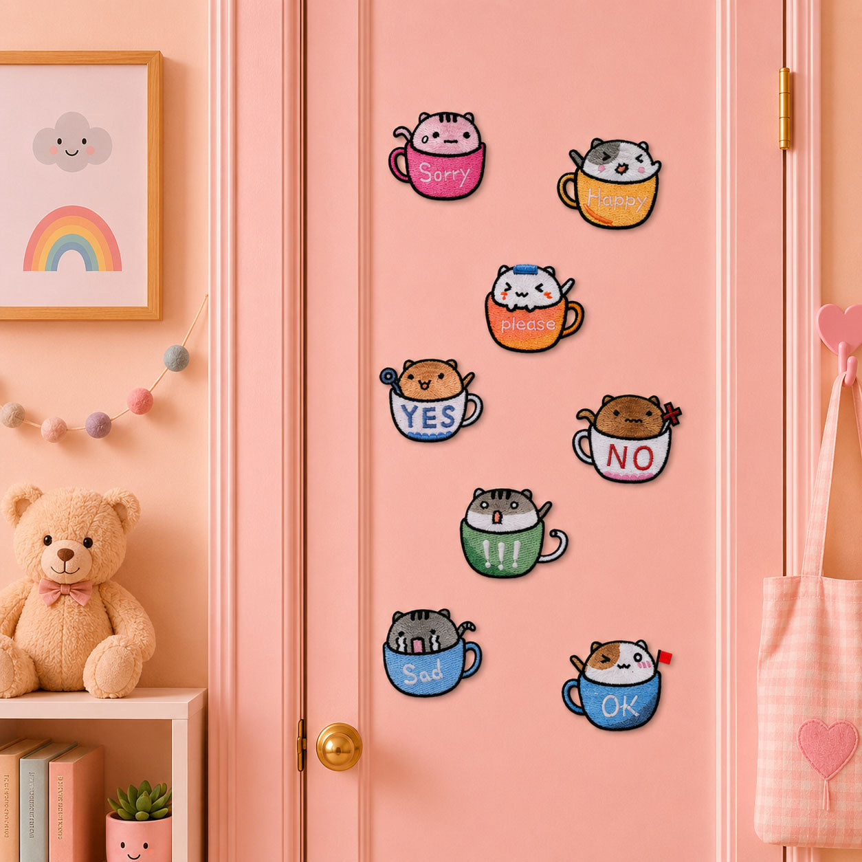 cute cats in pastel teacups showing sorry happy please yes no excited sad and ok moods with matching expressions stick-on patches on a pink door in a pastel room
