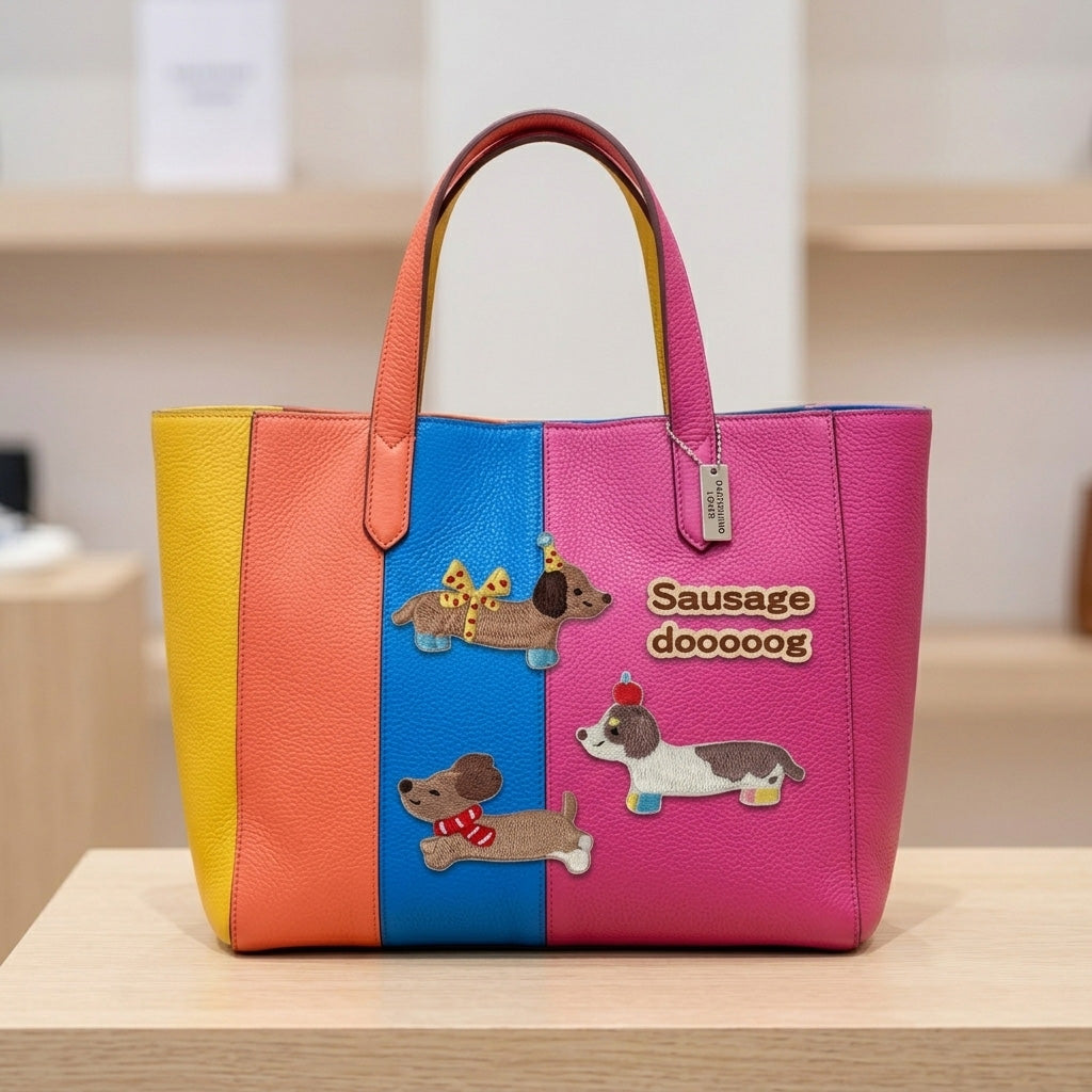 three dachshund patches with pizza bow tie cherry and scarf on a pink orange blue and yellow tote