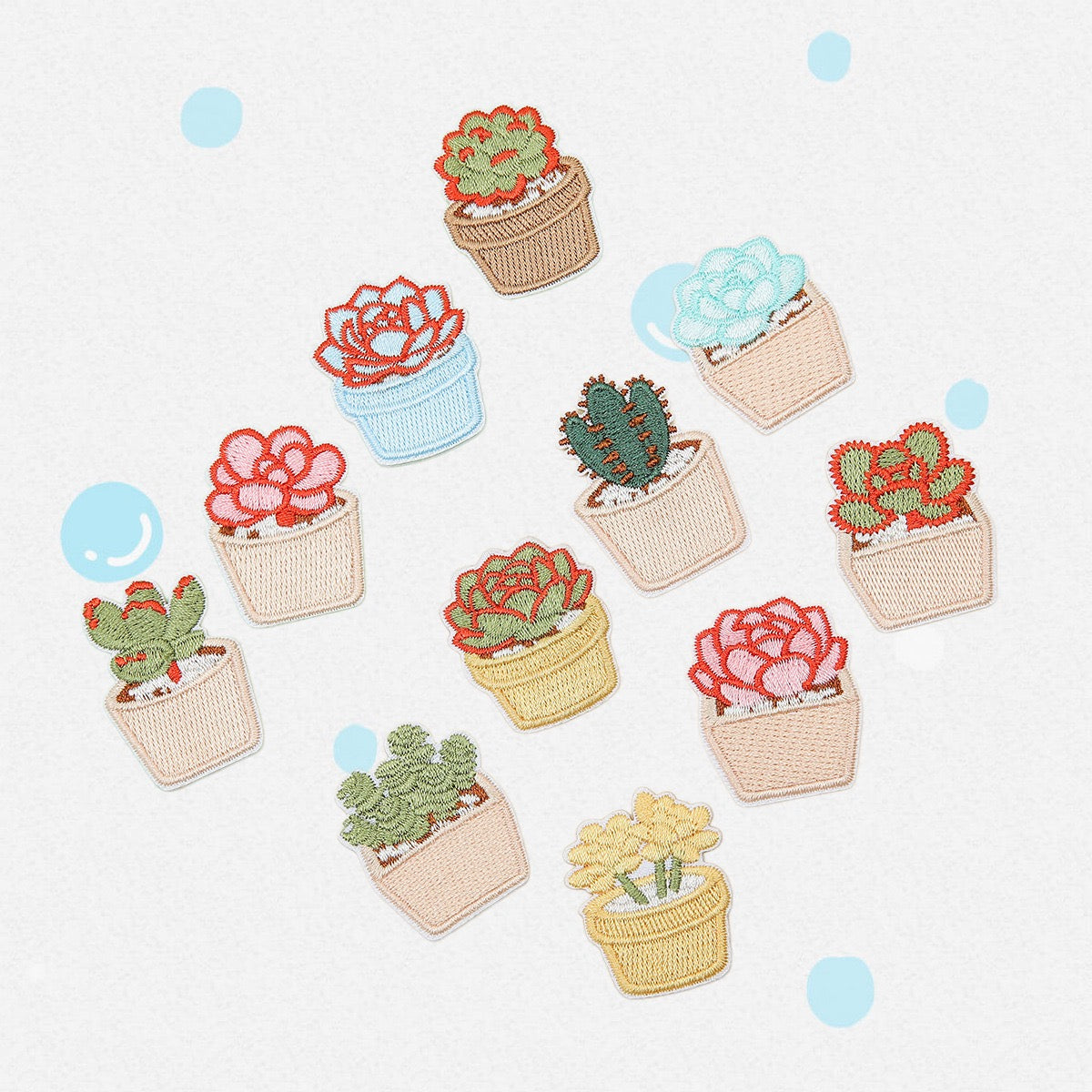eleven mini potted succulent embroidered stick-on patches complete set