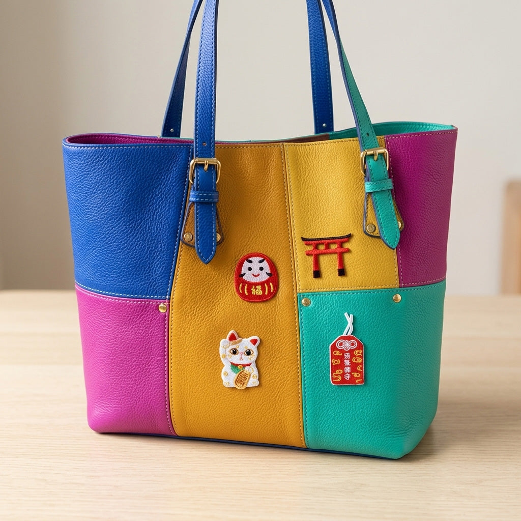 daruma doll torii gate maneki neko and omamori embroidered patches on a blue yellow and teal leather bag