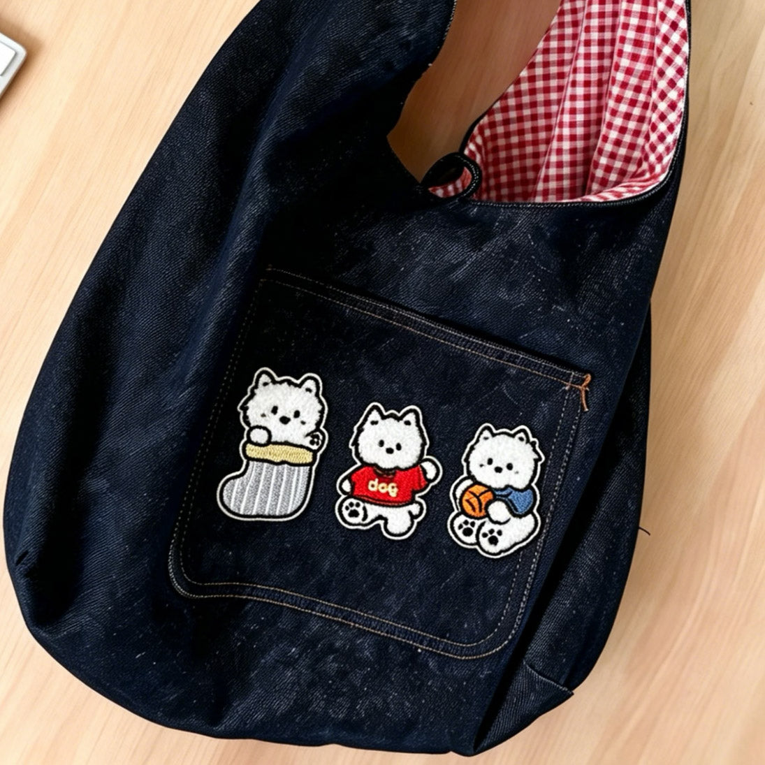 cozy westie dog embroidered stick-on patch on denim tote bag