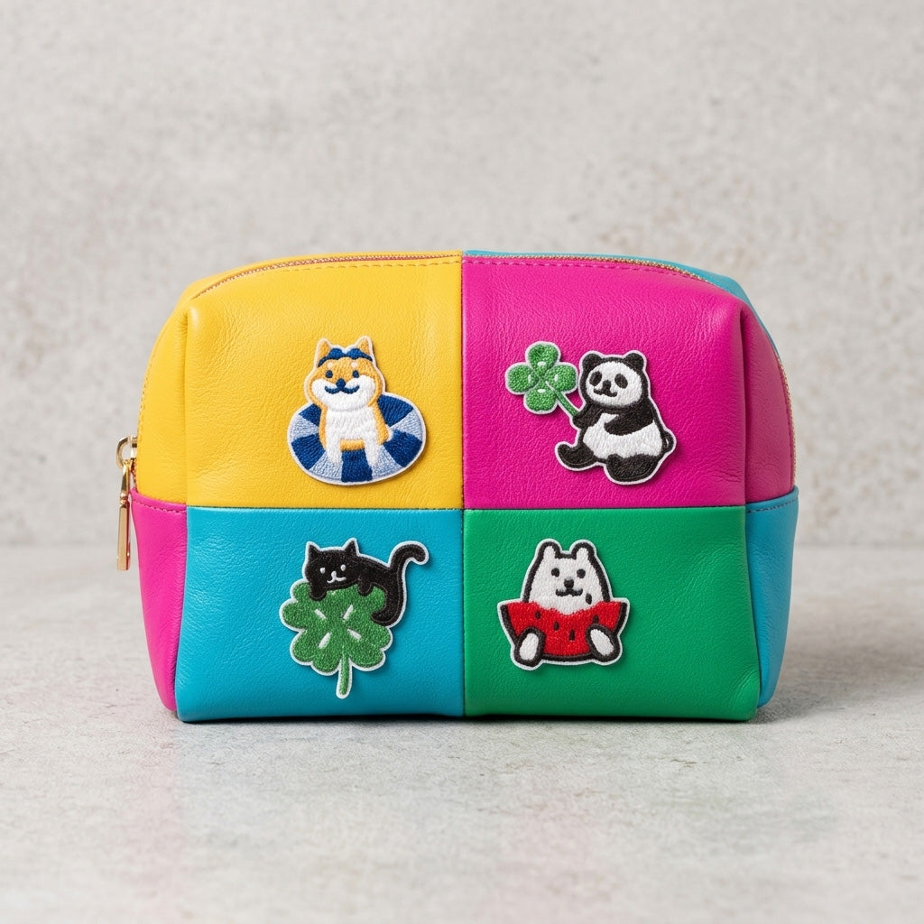 shiba inu, panda, black cat, and dog embroidered patches on a colorblock leather cosmetic pouch