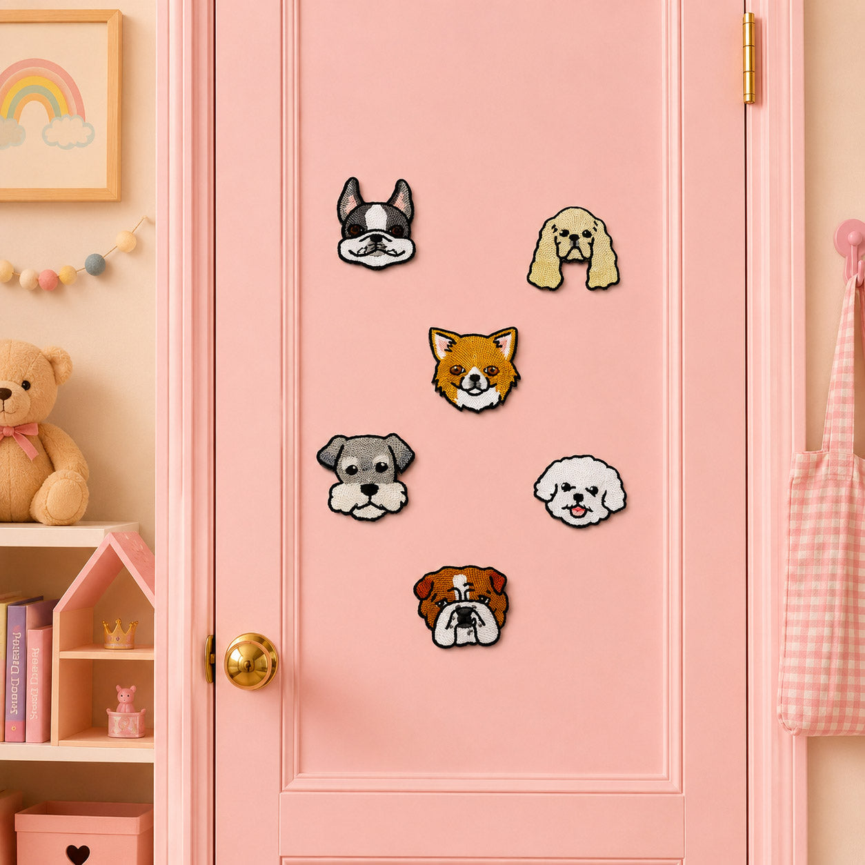 realistic dog face patches including black french bulldog orange pomeranian gray schnauzer cream cocker spaniel fluffy bichon and wrinkled bulldog on a pink door in a pastel room