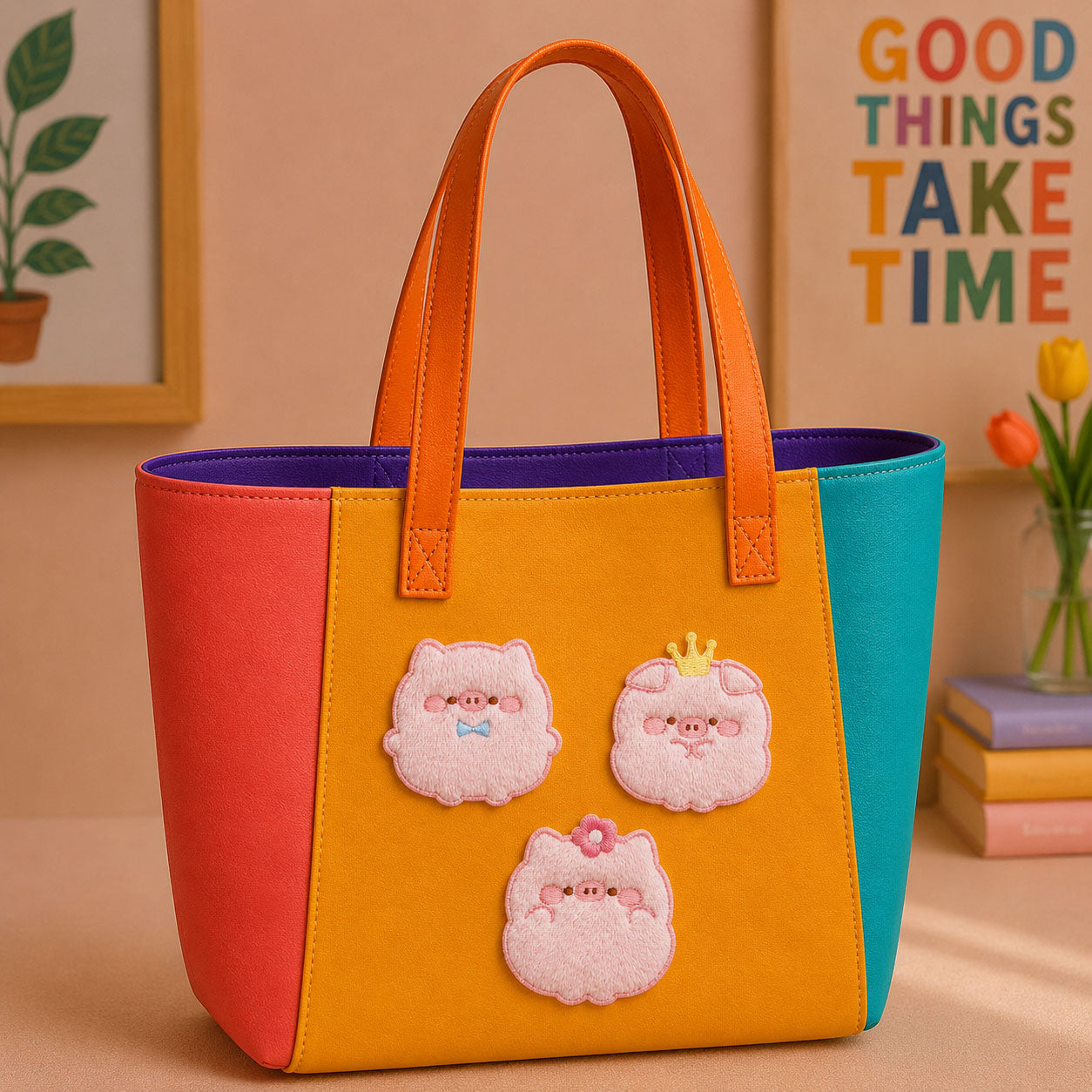 three little pigs embroidered patches on a bold color-block leather tote bag