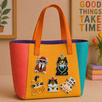 cats in suits hats and party costumes stick-on patches decorating an orange and yellow color-block leather handbag