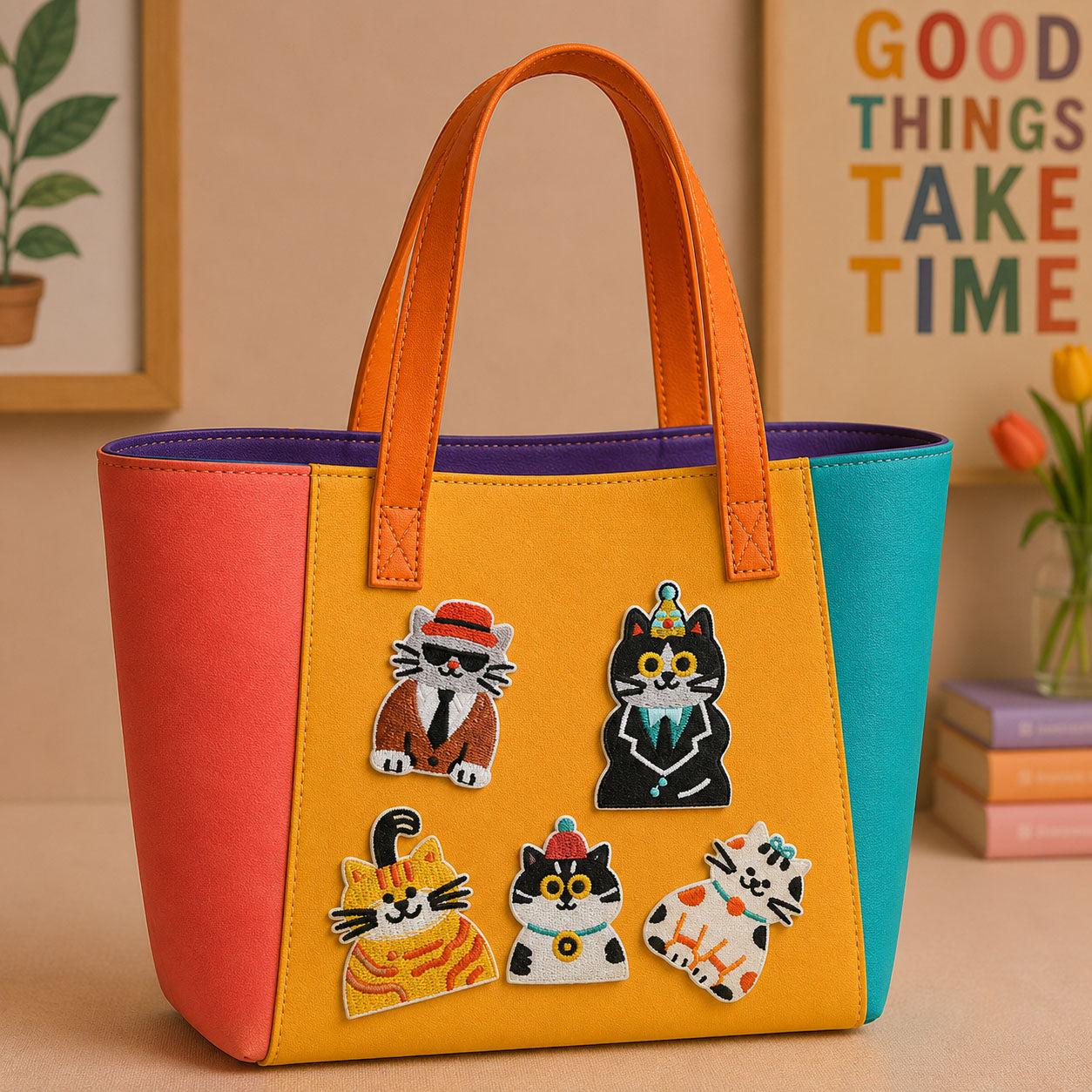 cats in suits hats and party costumes stick-on patches decorating an orange and yellow color-block leather handbag