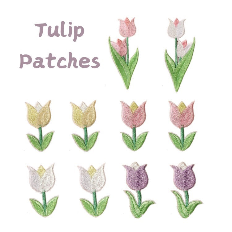 full set of 6 elegant tulip flower stick-on embroidered patches