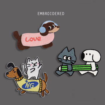 three love and cat dachshund embroidered stick-on patches complete set — pink love sweater dachshund dachshund with white cat on back and cat dog carrying pencil togethe