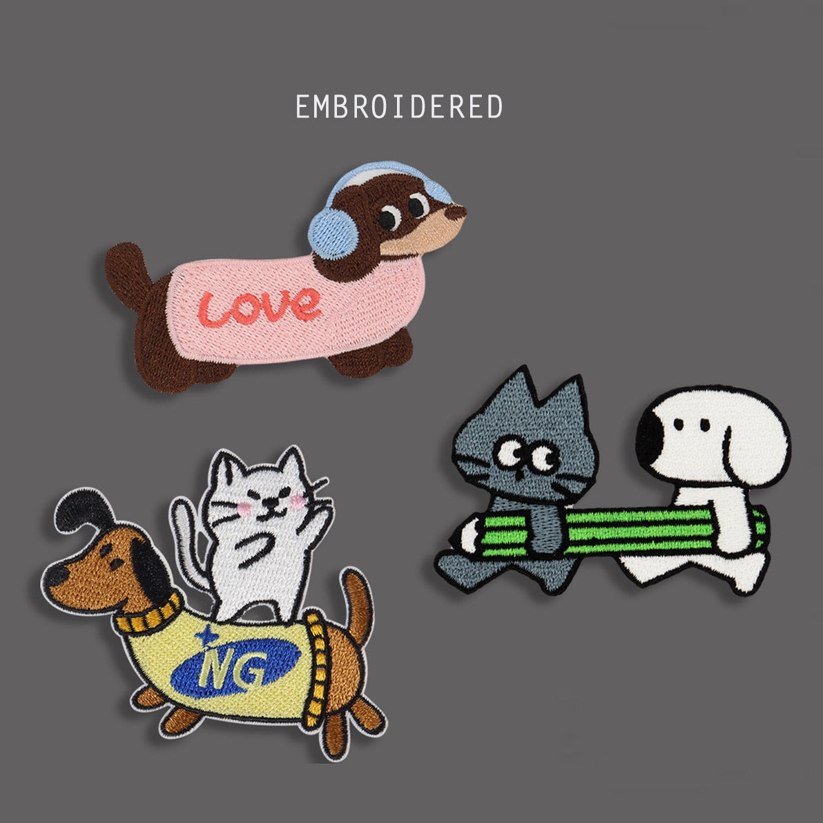 three love and cat dachshund embroidered stick-on patches complete set — pink love sweater dachshund dachshund with white cat on back and cat dog carrying pencil togethe