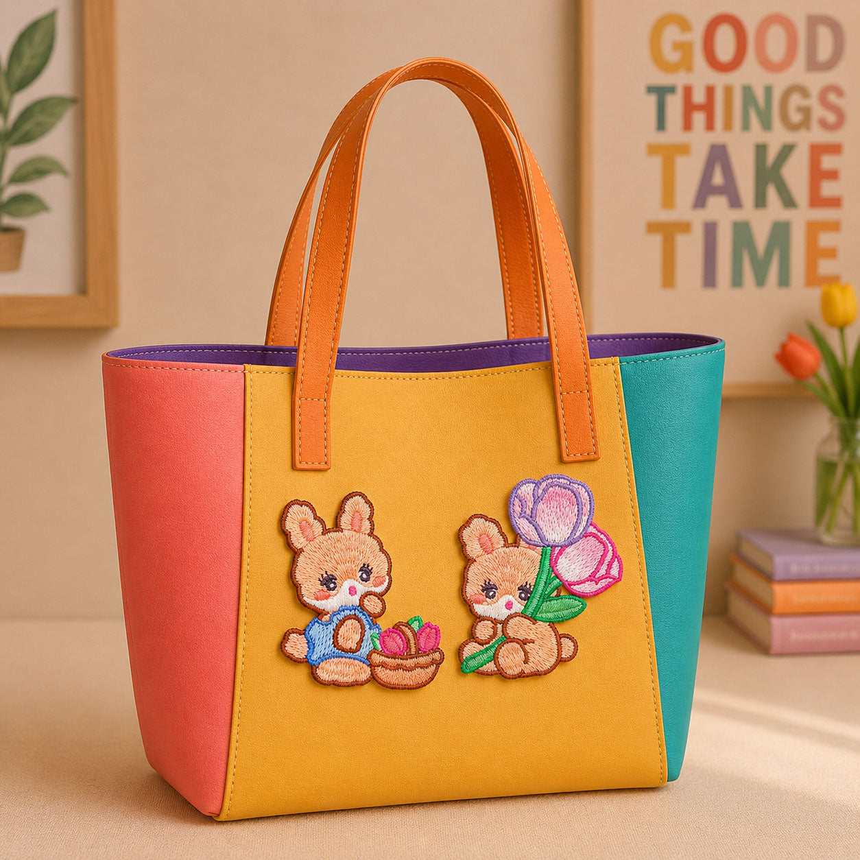 two alice rabbit and tulip embroidered patches on a bold color-block leather tote bag