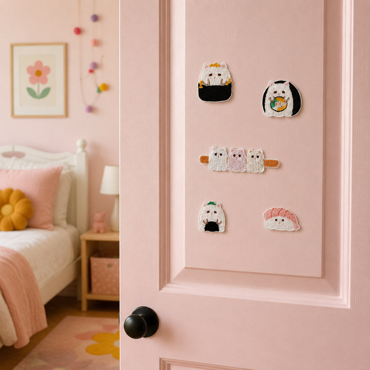fluffy white cat peeking from seaweed roll hugging sushi four cats on chopstick skewer triangle onigiri and shrimp nigiri stick-on patches on a pink panel door
