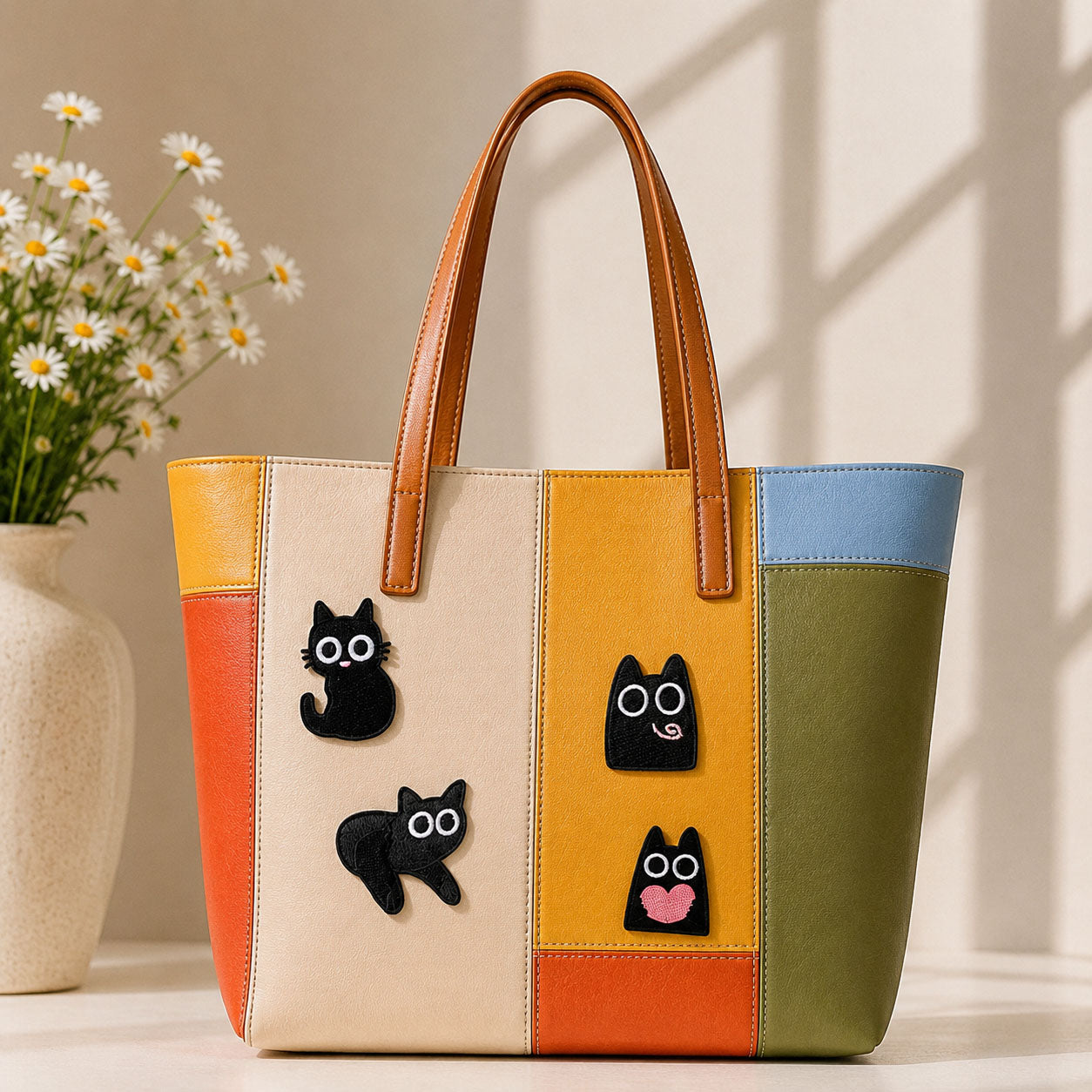 black cat with oversized round eyes in sitting lying square and heart-hugging poses stick-on patches decorating a multicolor stripe leather handbag