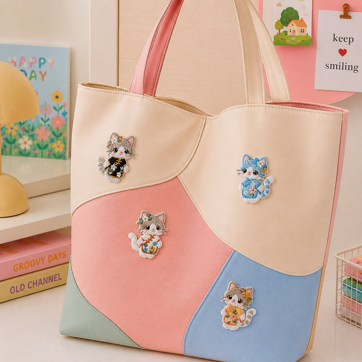 kawaii cat cheongsam embroidered stick-on patch on a canvas tote bag