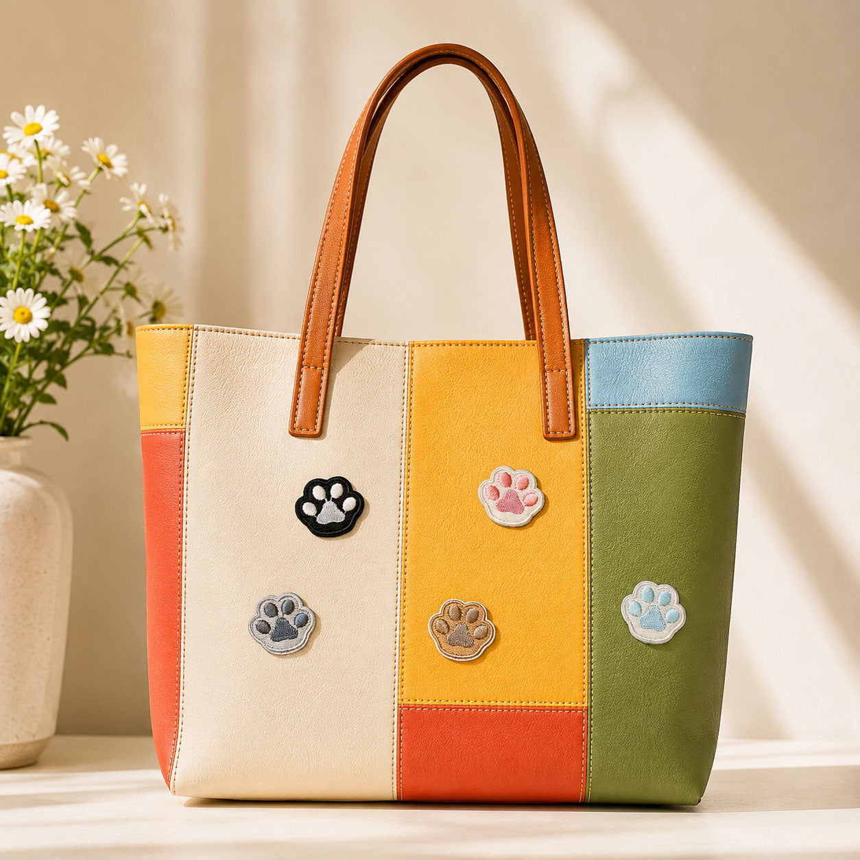 black grey pink brown and blue cat paw print stick-on patches scattered on a multicolor stripe leather handbag