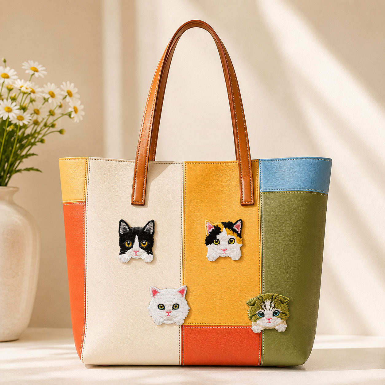 tuxedo calico white persian and tabby kitten face stick-on patches decorating a multicolor stripe leather handbag