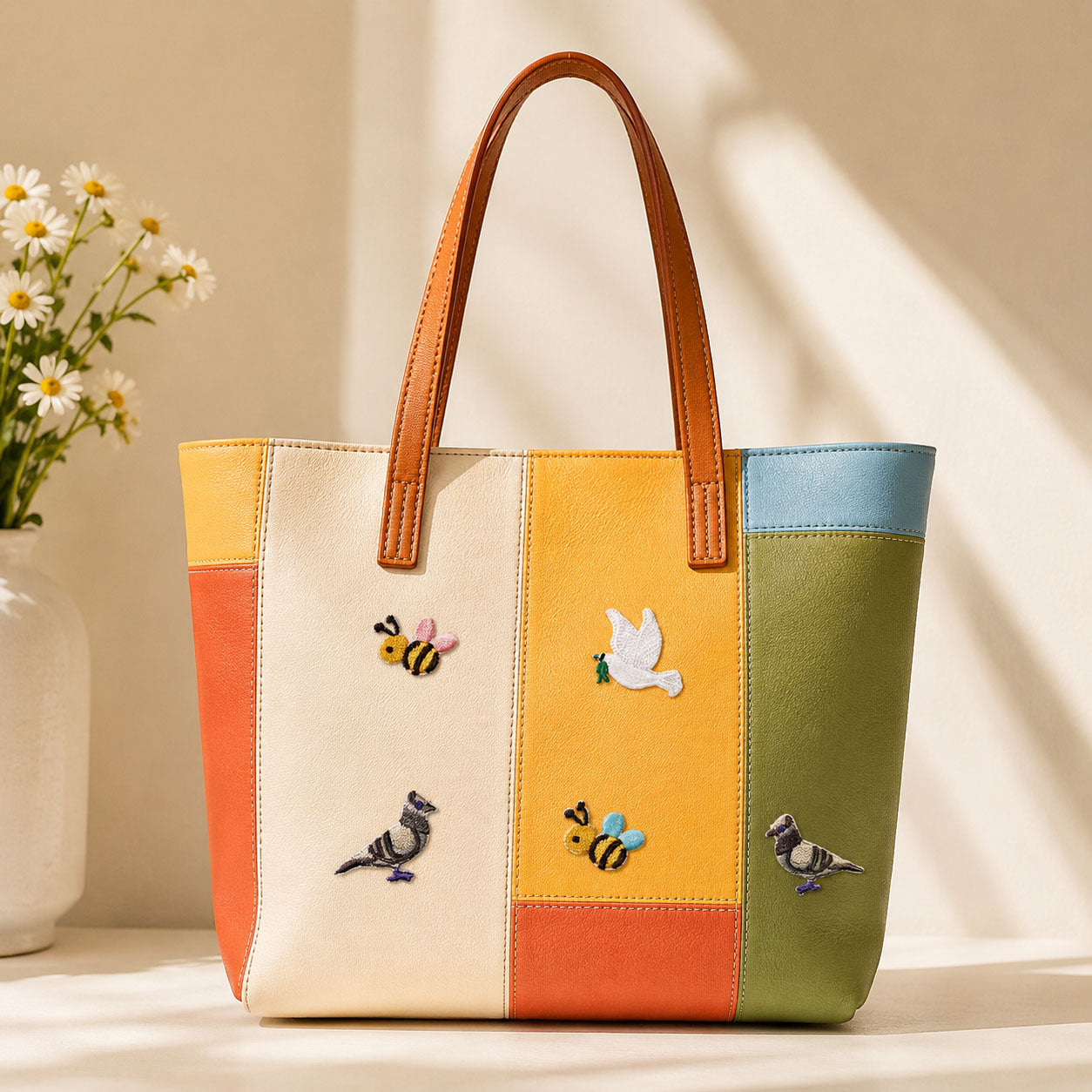 white peace dove with olive branch and yellow bumblebee stick-on patches decorating a multicolor stripe leather handbag