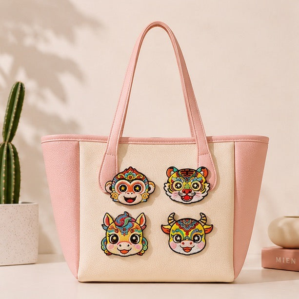 Chinese zodiac animal embroidered stick-on patch on canvas tote bag