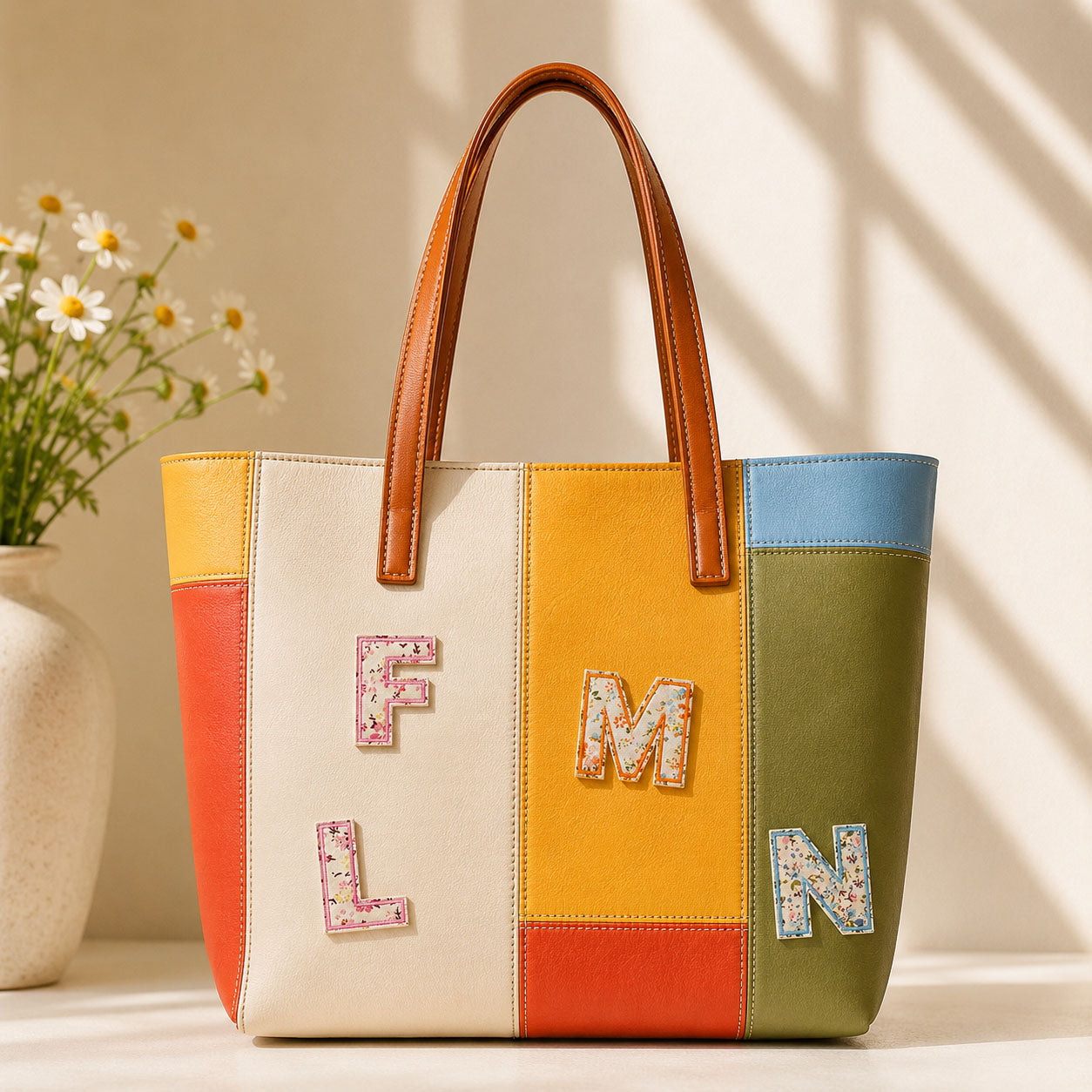 vintage ditsy floral alphabet patches F L M N on a bold orange yellow and green color-block leather tote bag