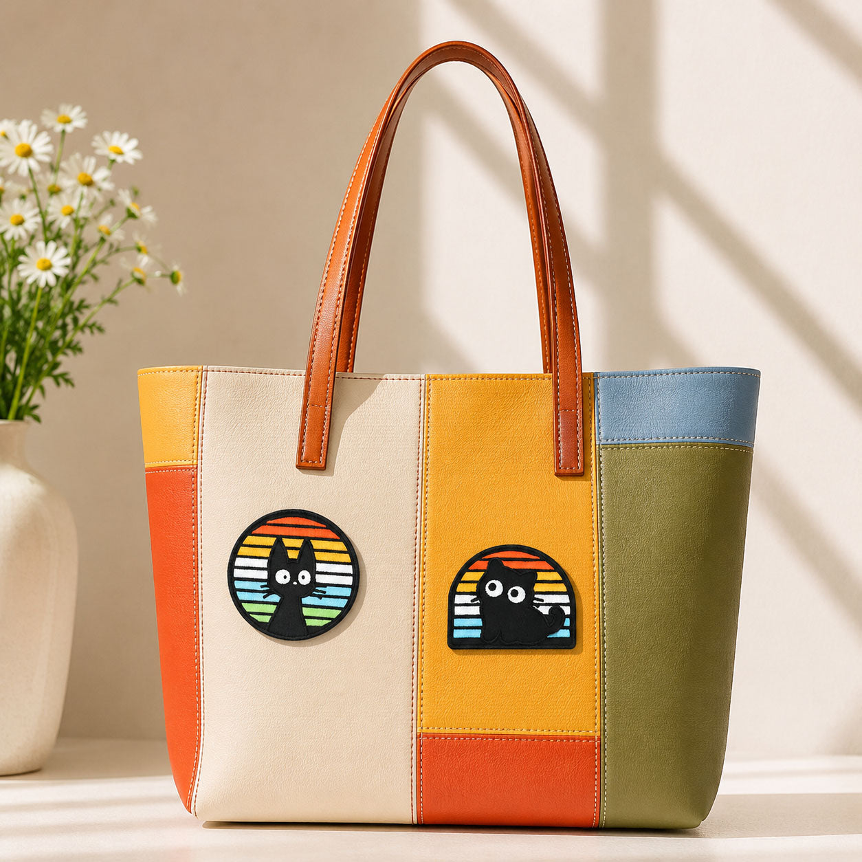 black cat silhouette in round and arch rainbow stripe window stick-on patches decorating a multicolor stripe leather handbag