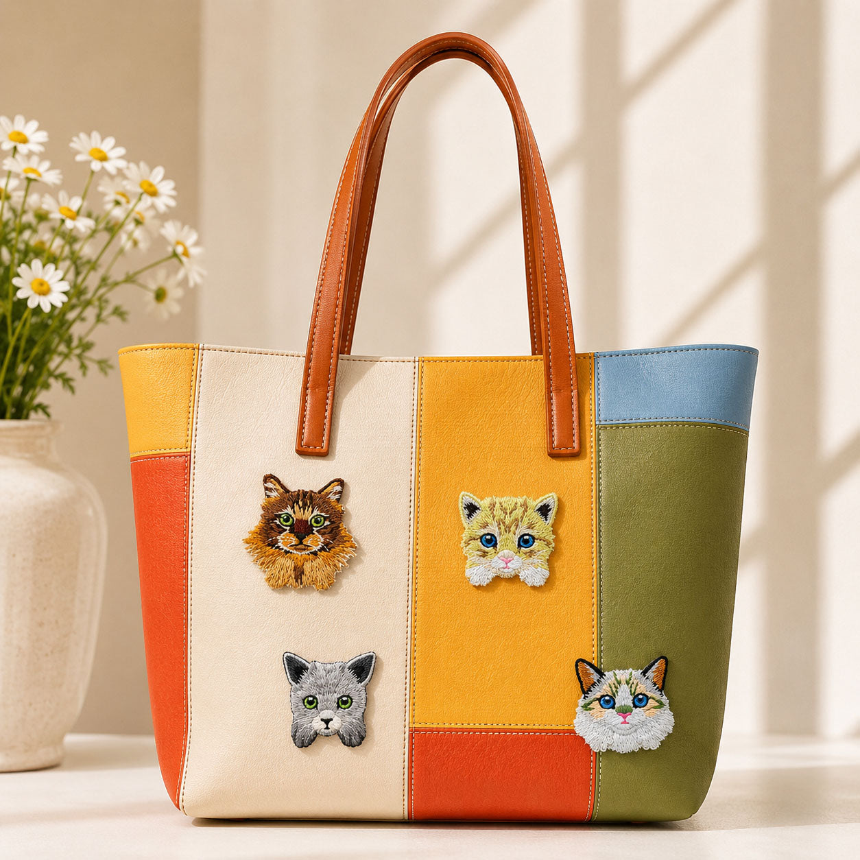four realistic cat breed embroidered patches on a bold orange yellow and green color-block leather tote bag