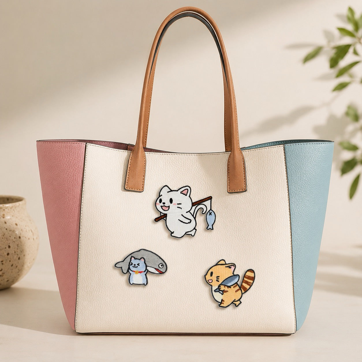 cute fishing cat embroidered stick-on patches on canvas tote bag