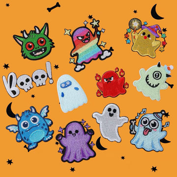 spooky cute halloween ghost and monster embroidered stick-on patches full set of eleven