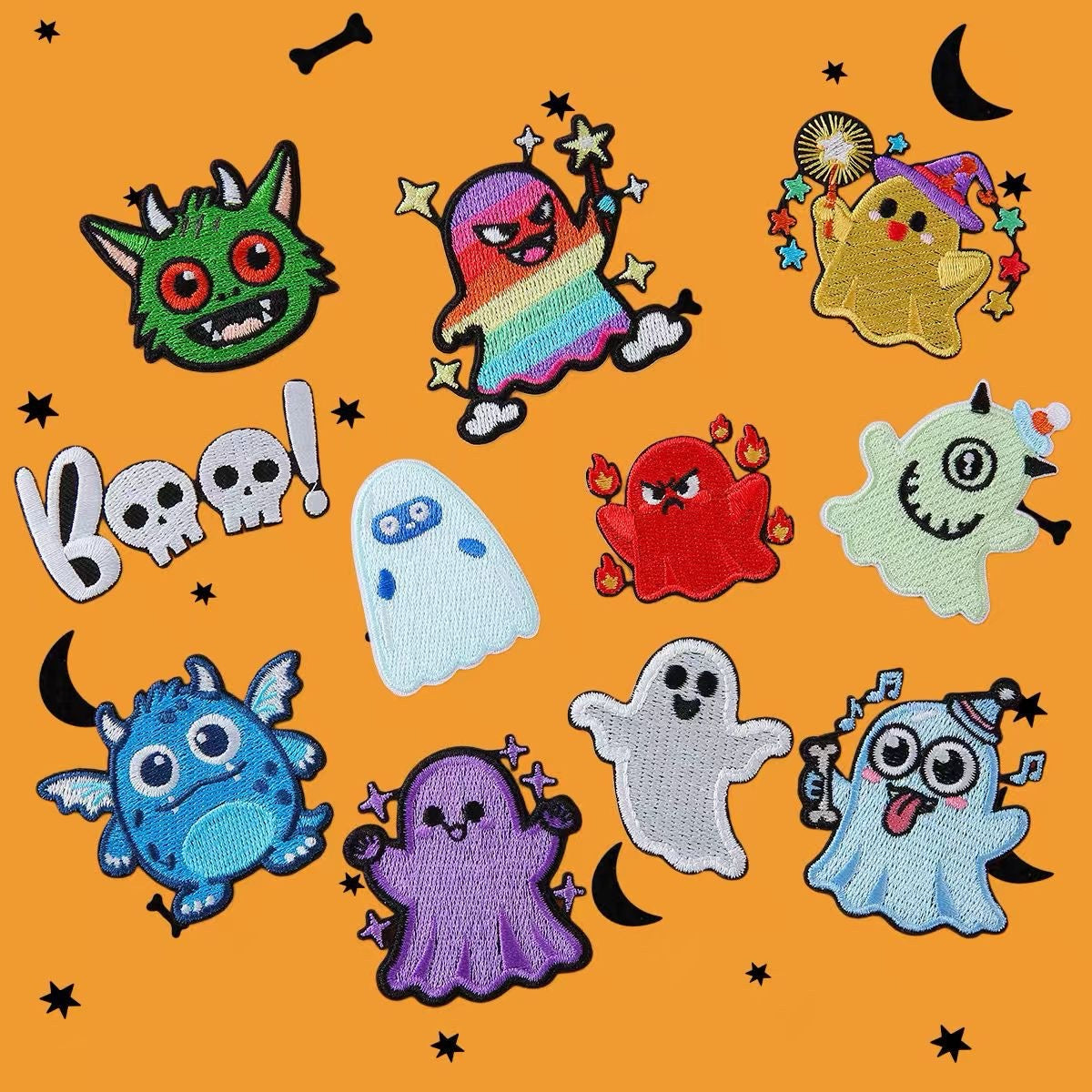 spooky cute halloween ghost and monster embroidered stick-on patches full set of eleven