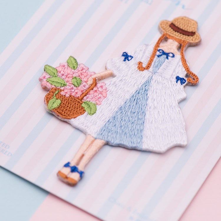 Flower Basket Girl Patches (Iron-On)