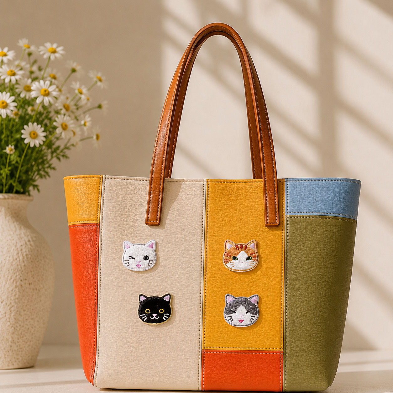 white black orange and grey cat face with gold border stick-on patches decorating a multicolor stripe leather handbag